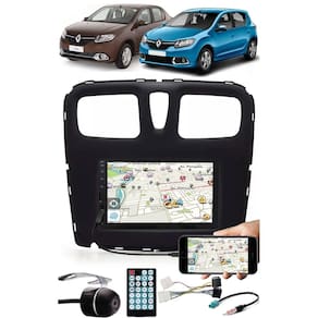 Multimídia Renault Logan Sandero 2015 à 2020 Espelhamento Bluetooth USB SD Card + Moldura + Chicotes + Câmera Ré