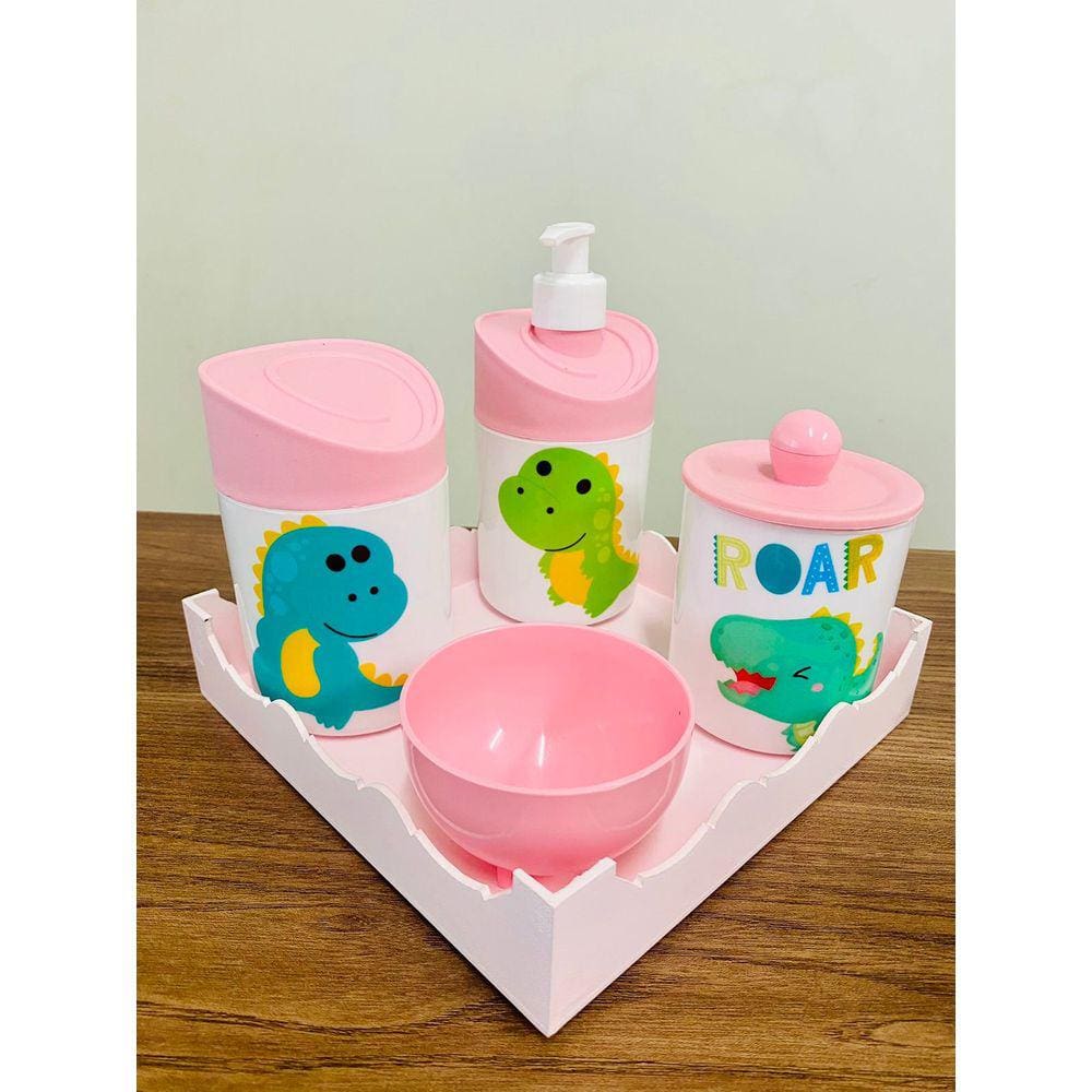 Kit Higiene Dino Baby c/bandeja quadrada rosa