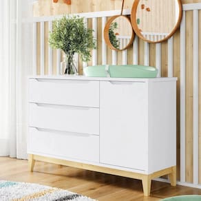 Cômoda Infantil Retrô 3 Gavetas 1 Porta Amor Perfeito Divicar Móveis Branco com Pinus Marroml