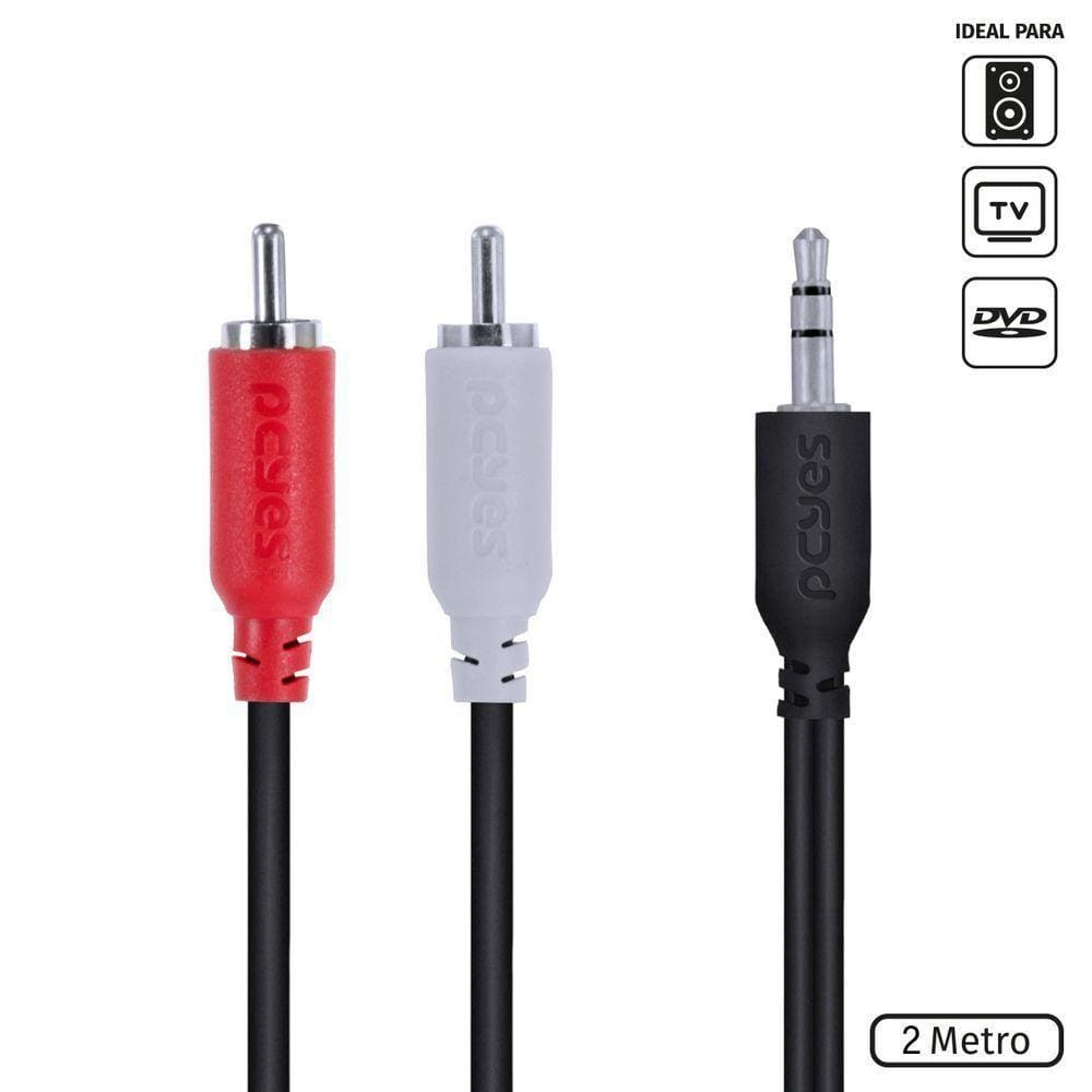 Cabo De áudio 2 Rca Macho Para P2 3.5mm Macho 28awg Puro Cobre 2 Metros - P2r35-2