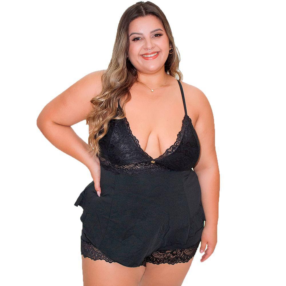 Short Doll Baby Doll Pijama Confortável Renda Luxo Plus Size Amanda Preto