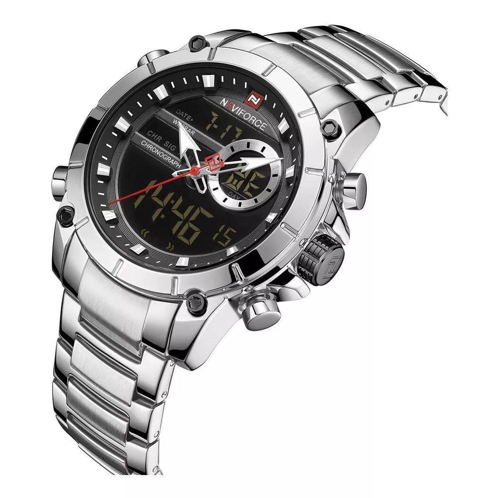 Relógio Analógico e Digital Aço 44mm - Funções, Alarmes, Cronômetro