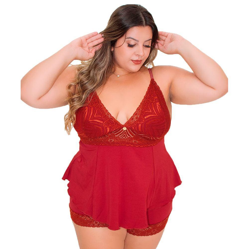Short Doll Baby Doll Pijama Confortável Renda Luxo Plus Size Amanda Vermelho