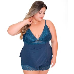 Short Doll Baby Doll Pijama Confortável Renda Luxo Plus Size Amanda Azul Marinho