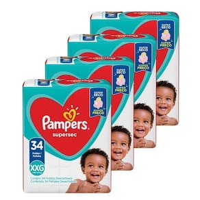 Fralda Descartável Pampers Supersec Tamanho XXG - 4 Pacotes com 34 Tiras - Total 136 Tiras