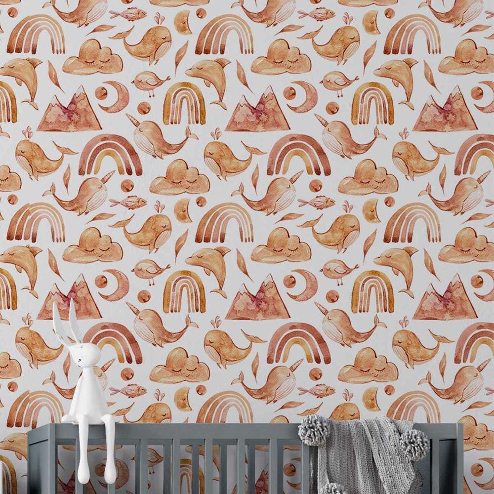 Papel de Parede Auto Colante Infantil Aquarela Animais Fofos Rosê decorado Lavavel quarto 9m
