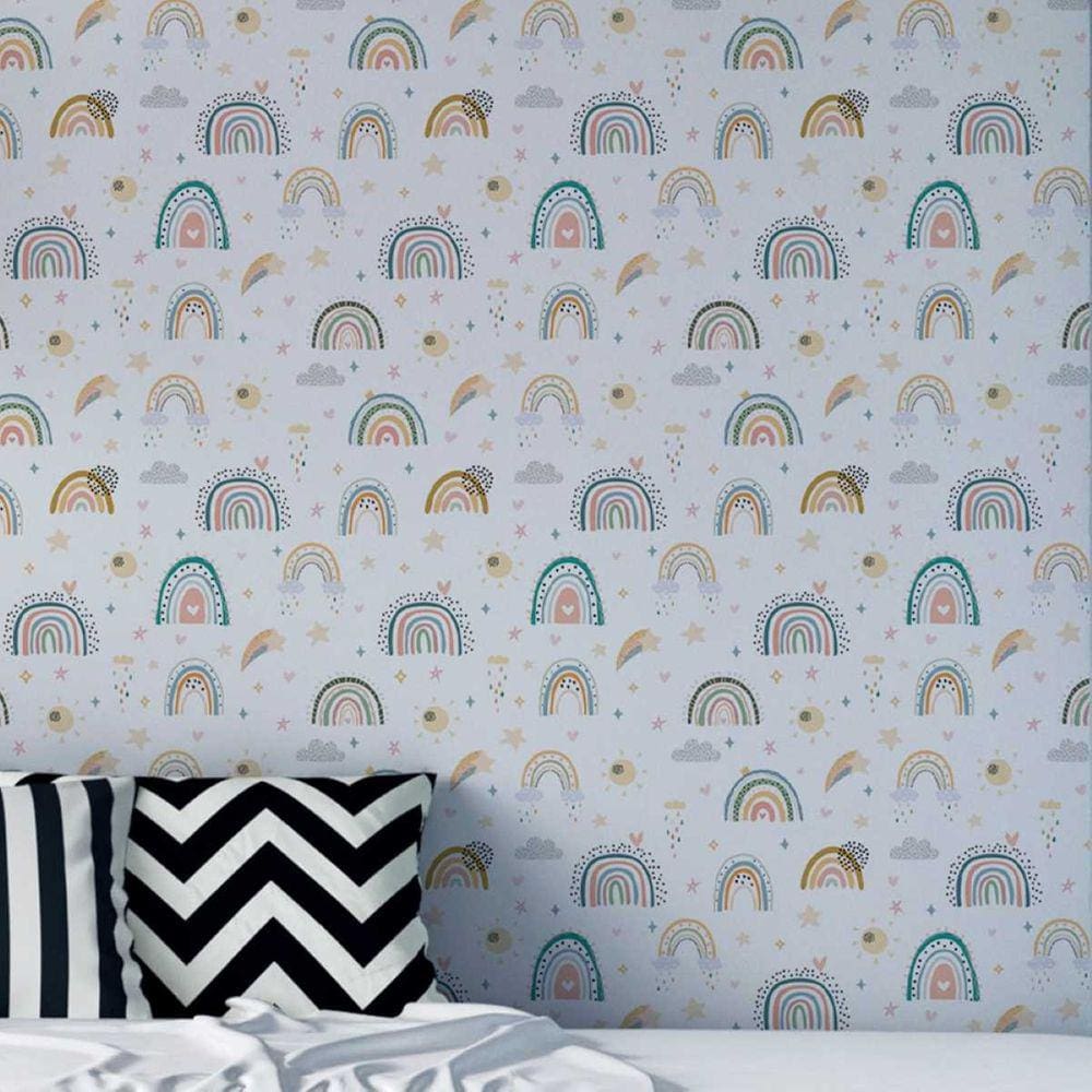 Papel de Parede Auto Adesivo Aquarela Arco iris Colorido infantil Decorativo Quarto Sala 18m