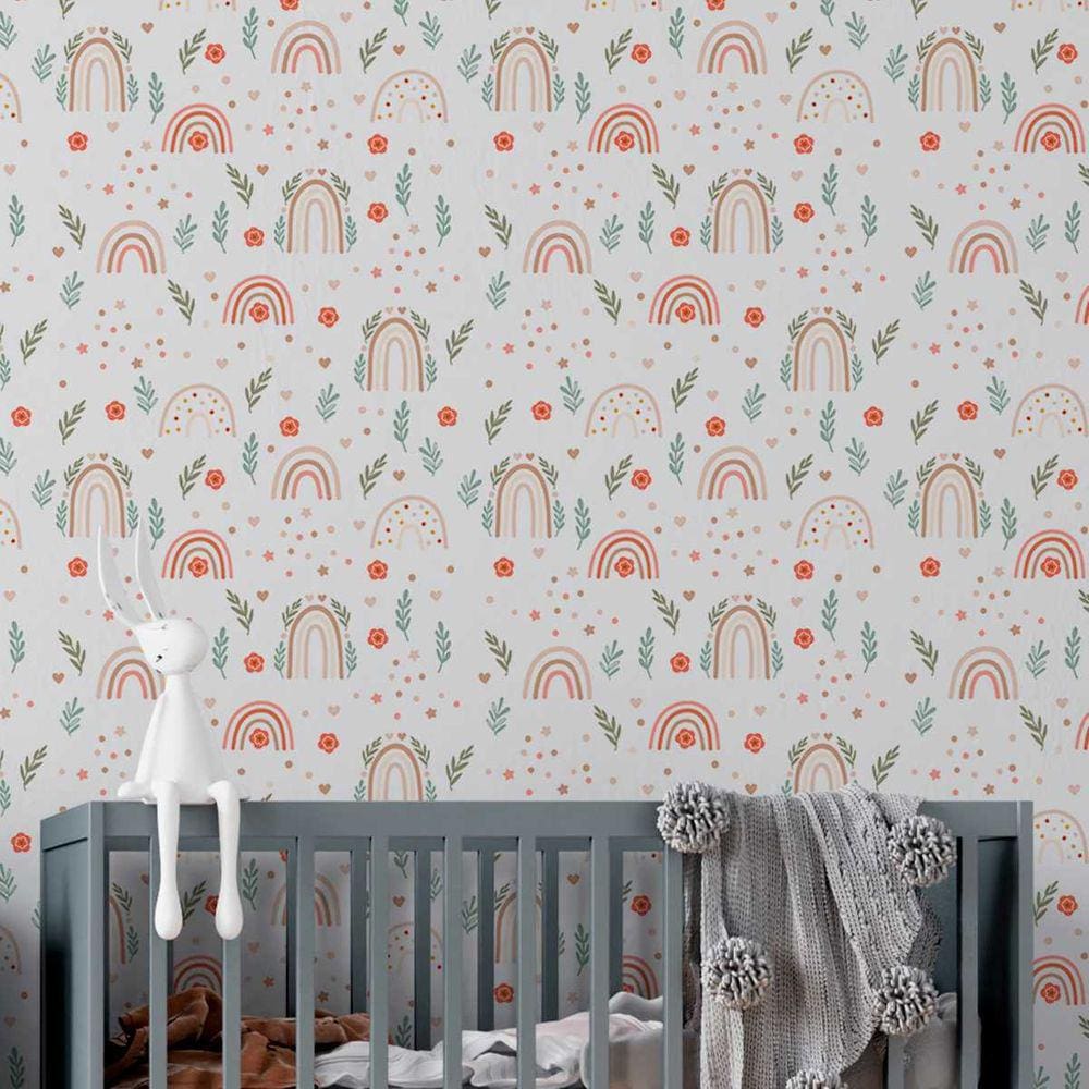 Papel de Parede Auto Colante Infantil Aquarela Arco-iris marrom Decorado Quarto Sala 18m