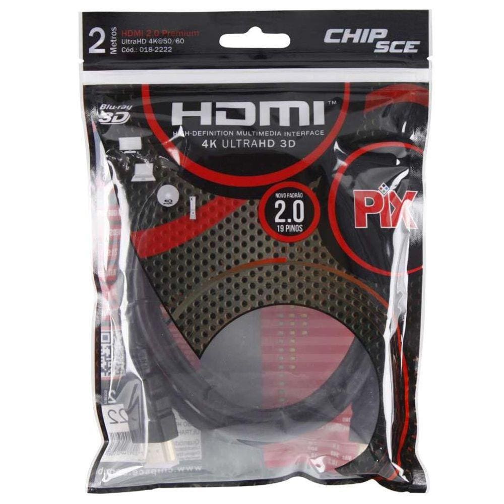 Cabo HDMI 2.0 Premium - 2 metros - 19 pinos - 4K UltraHD 3D - Chip SCE 018-2222