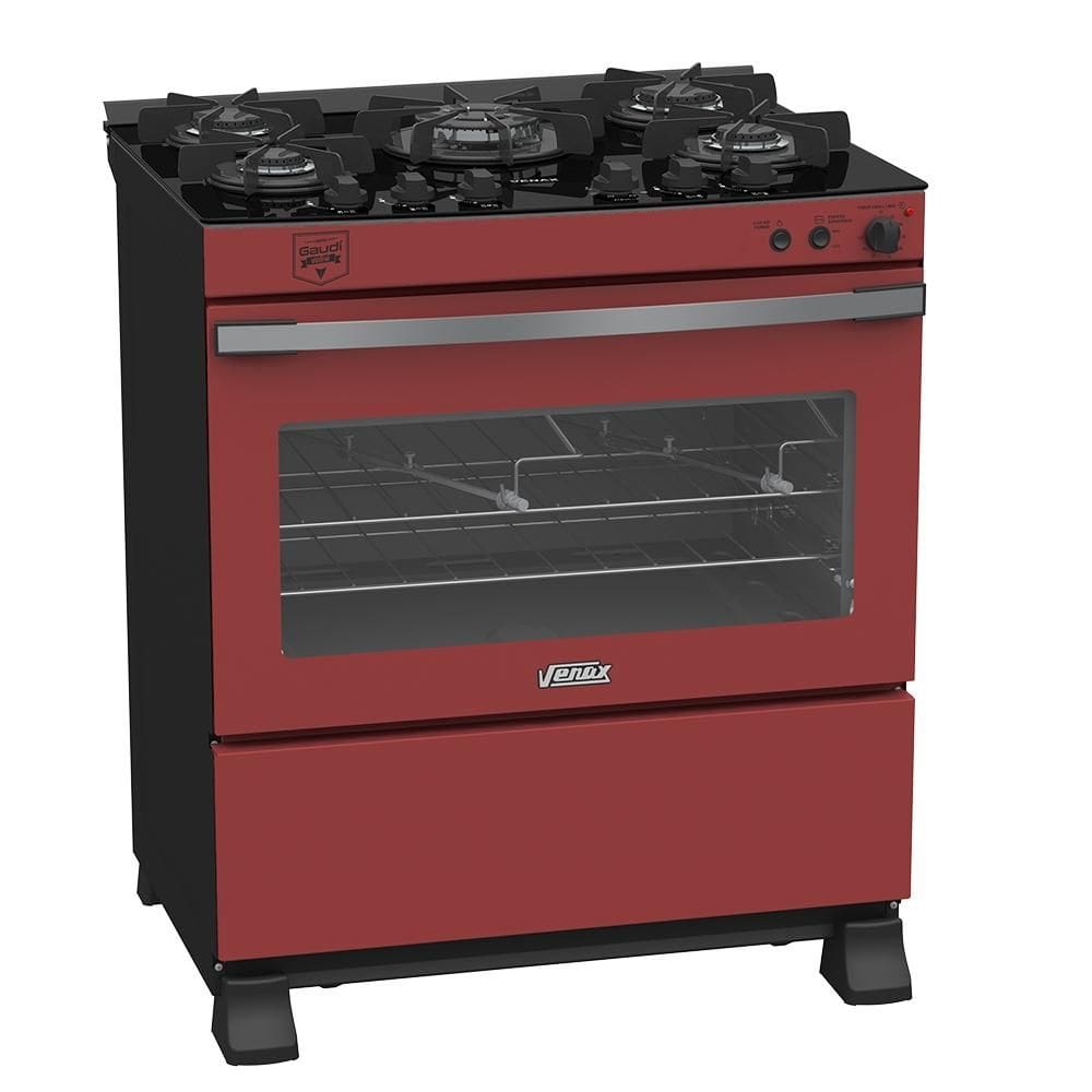 Fogao a Gas 5 Bocas Venax Gaudi Vetro Vitreo Vermelho
