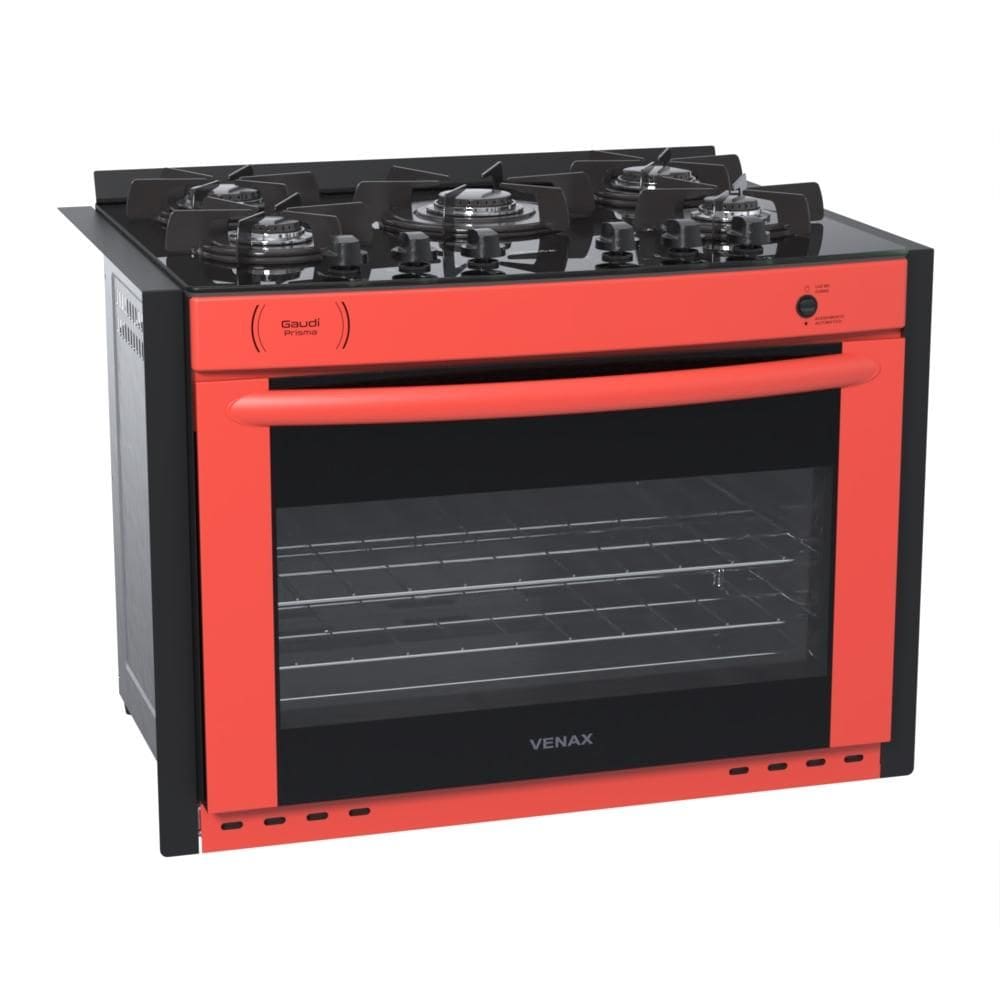 Fogao a Gas de Embutir 5 Bocas Venax Gaudi Prisma Vitreo Vermelho