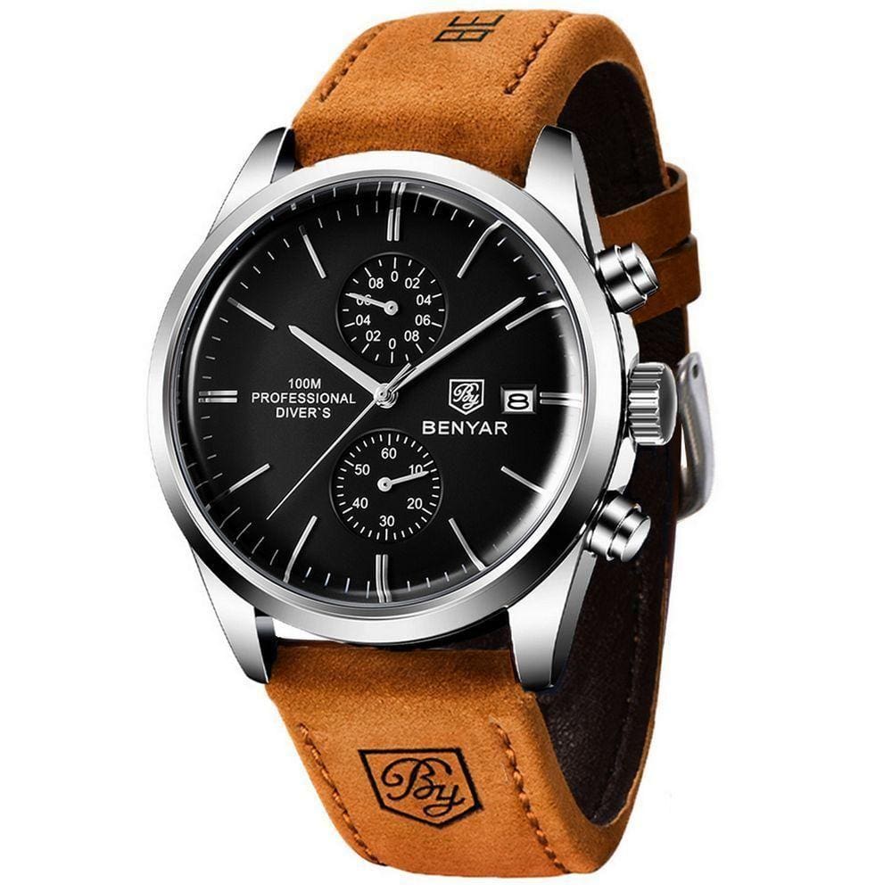 Relógio De Quartzo Esportivo Masculino Benyar Luxo Impermeável Cronógrafo Marrom Preto