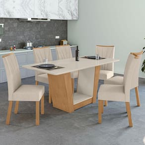 Mesa de Jantar 6 Lugares Apogeu com Vidro Amêndoa Clean/Off White/Linho Rinzai Bege 77020 - Móveis Lopas