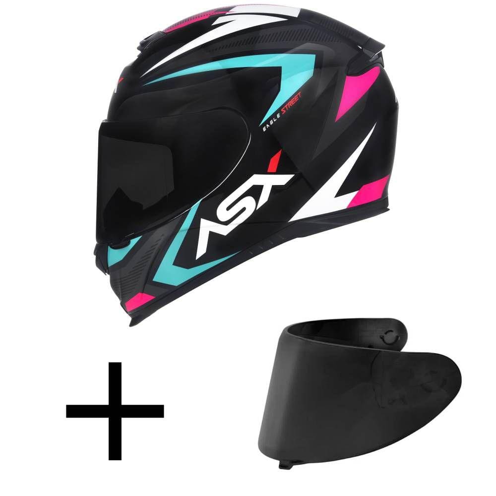 Capacete ASX Eagle Street Preto Tifany e Rosa Mais Viseira Fumê