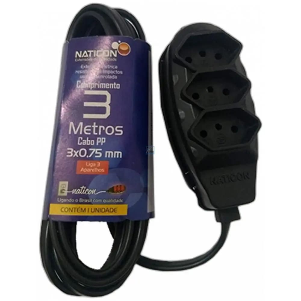 Extensao Eletrica Naticon 2P+T 3 Tomadas 3Mt Preta