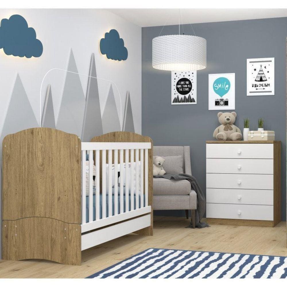 Quarto de Bebê Completo com Berço Mini Cama e Cômoda Lápis de Cor com Colchão Espresso Móveis Branco/Rústico