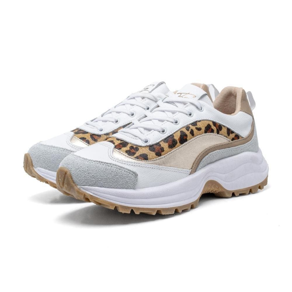 Tênis Feminino Casual Couro Sneaker Recortes Amarração