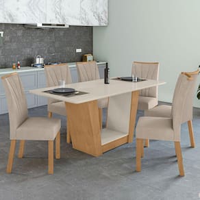 Mesa de Jantar 6 Lugares Apogeu com Vidro Amêndoa Clean/Off White/Veludo Naturale Creme 77020 - Móveis Lopas