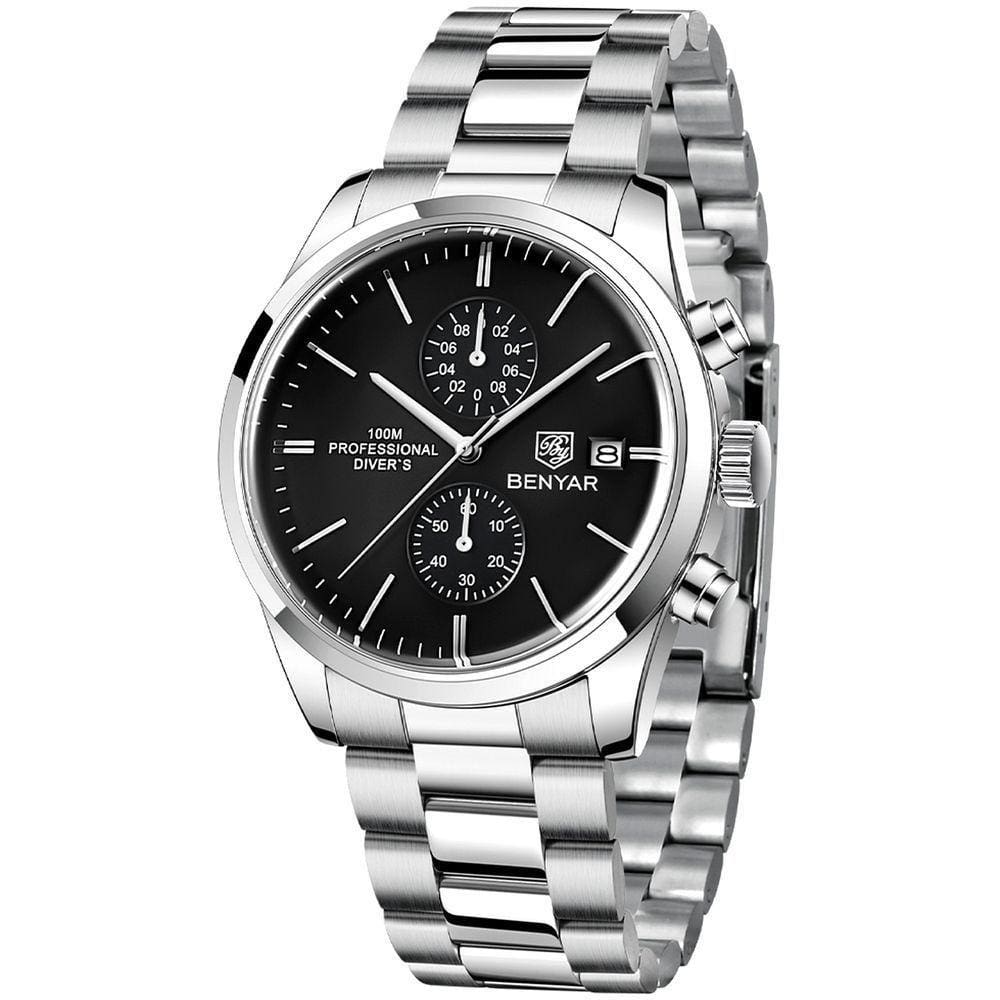 Relógio De Quartzo Esportivo Masculino Benyar Luxo Impermeável Cronógrafo Preto Aço