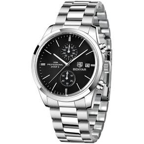 Relógio De Quartzo Esportivo Masculino Benyar Luxo Impermeável Cronógrafo Preto Aço
