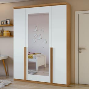 Guarda-Roupa Solteiro Alonzo 4 Portas 2 Gavetas com Espelho 100% Mdf Amêndoa Clean/Branco - Móveis Lopas