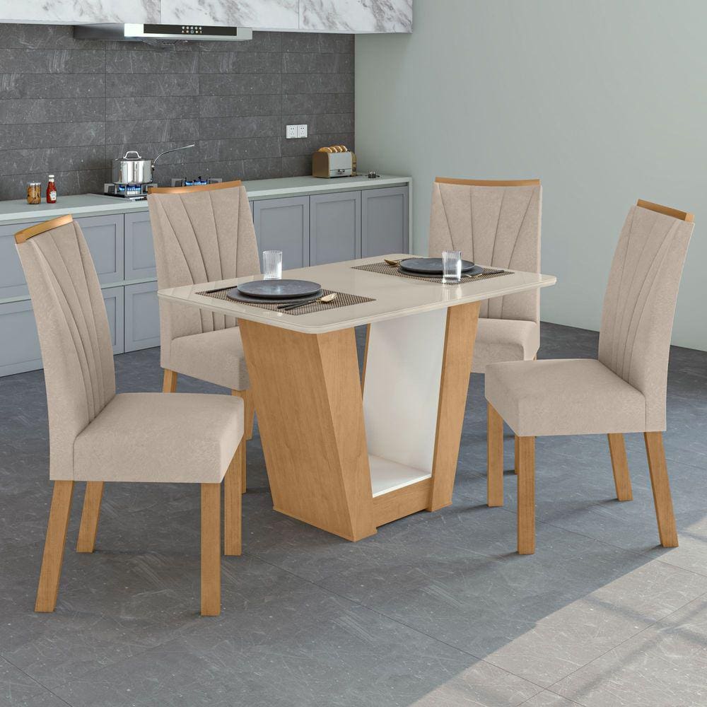 Mesa de Jantar 4 Lugares Apogeu Amêndoa Clean/Off White/Veludo Naturale Creme 75333 - Móveis Lopas