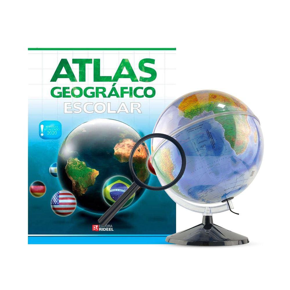 Kit Globo Terrestre Profissional Mondo 30CM + Lupa + Livro Atlas Escolar Com Divisão De Países Base Em Plástico