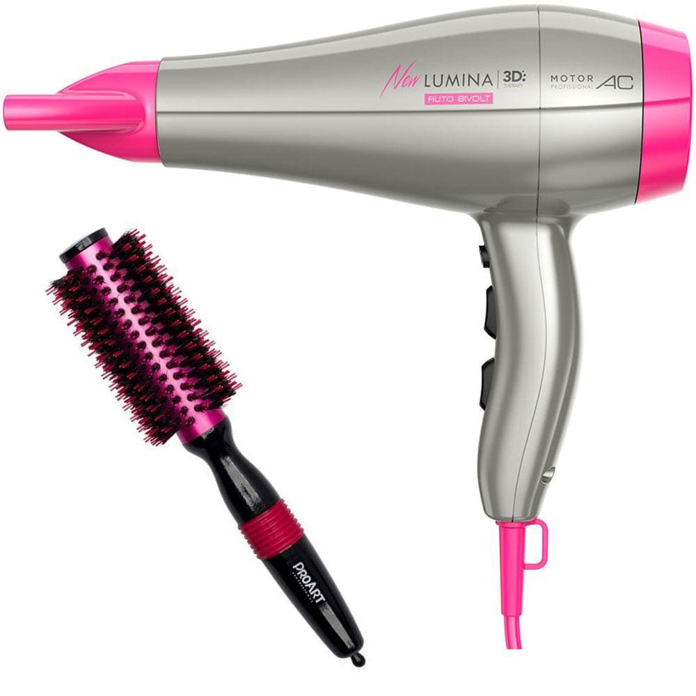 Kit - Secador De Cabelo Gama New Lumina 3D 2200W Bv - Escova Proart Metalica Pro Rosa 25Mm - Epm05