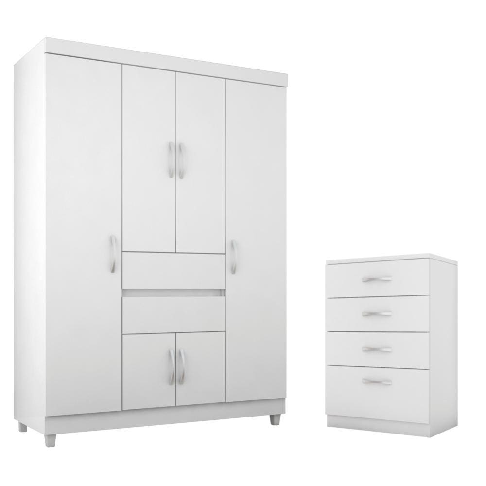 Jogo de Quarto Roupeiro e Comoda Dresden Branco Rosa