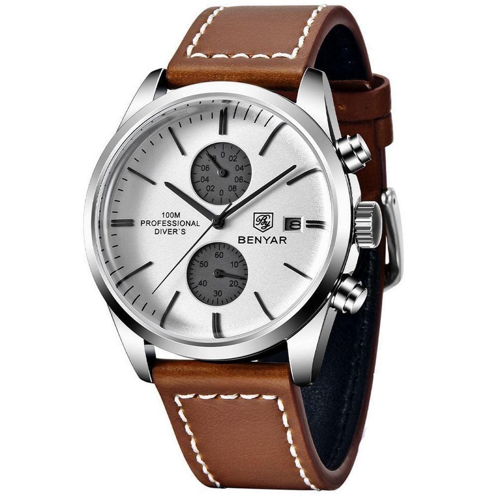 Relógio De Quartzo Esportivo Masculino Benyar Luxo Impermeável Cronógrafo Branco