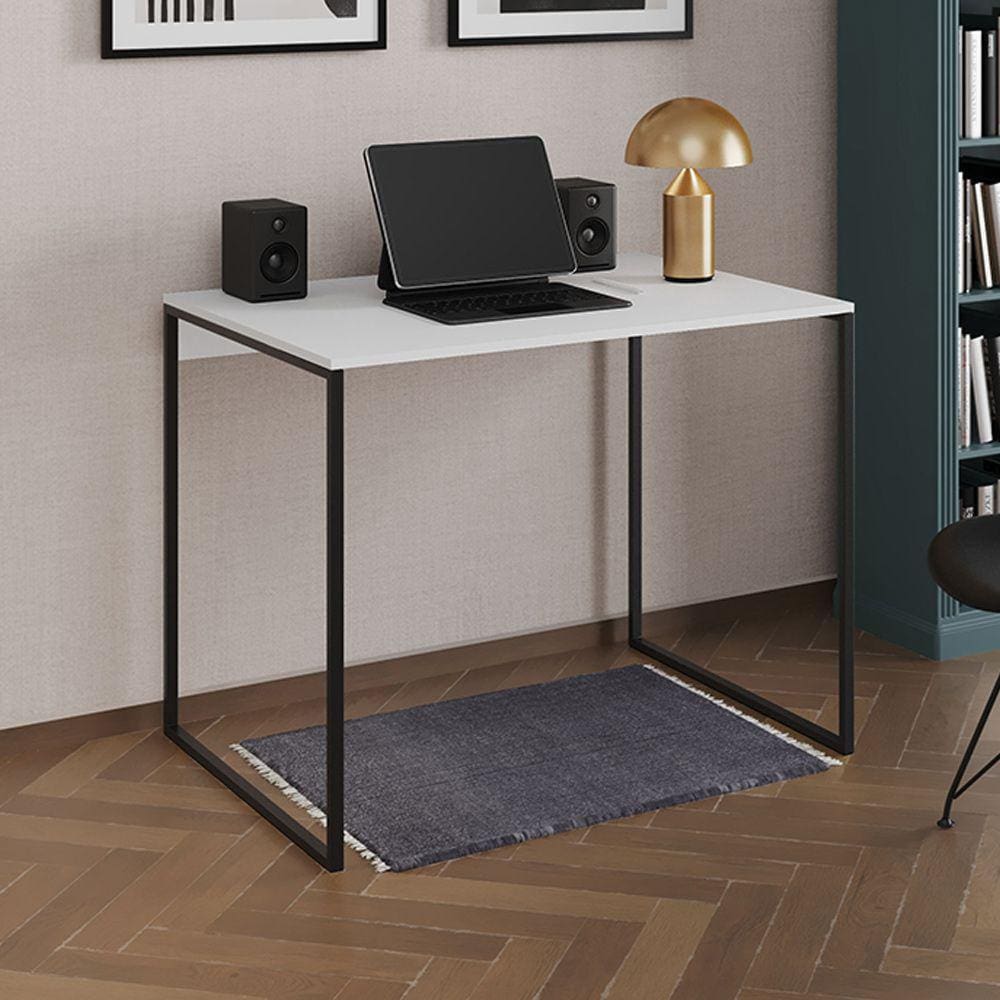 Escrivaninha Industrial Office Branca 90x53 Grécia Base Ferro Preto