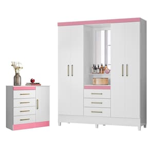 Jogo de Quarto Roupeiro e Comoda Munique Branco Rosa