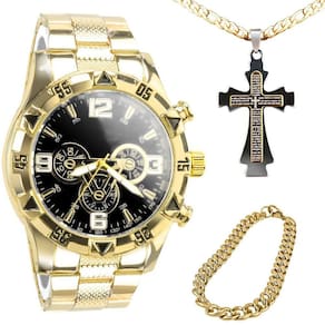 Kit Relógio Dourado + Acessórios Masculinos