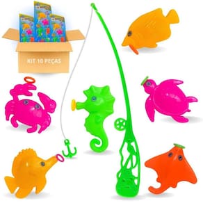 Brinquedo Pega Peixe Kit 10 Pescaria C/Vara De Pescar