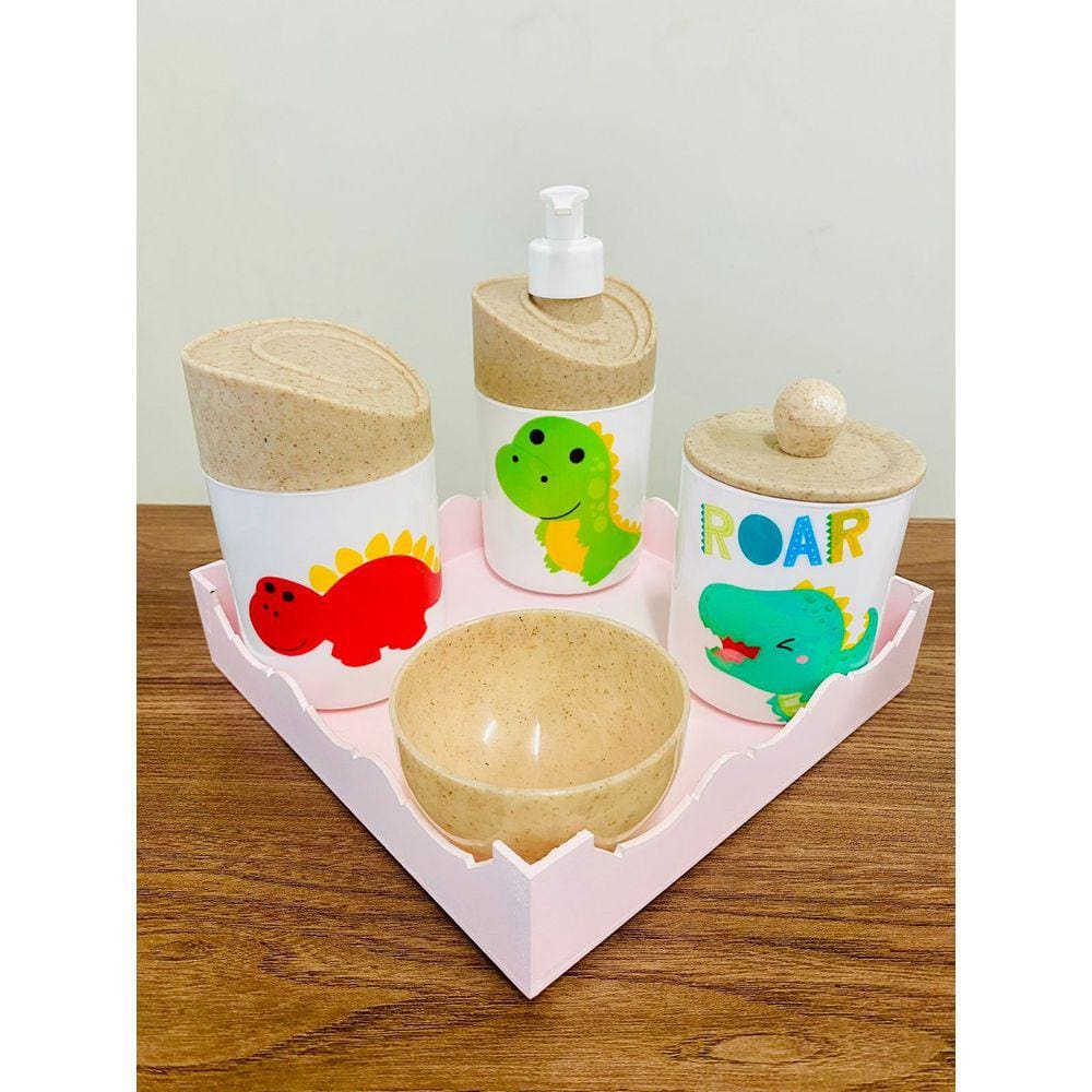 Kit Higiene Dino Baby c/bandeja quadrada rosa