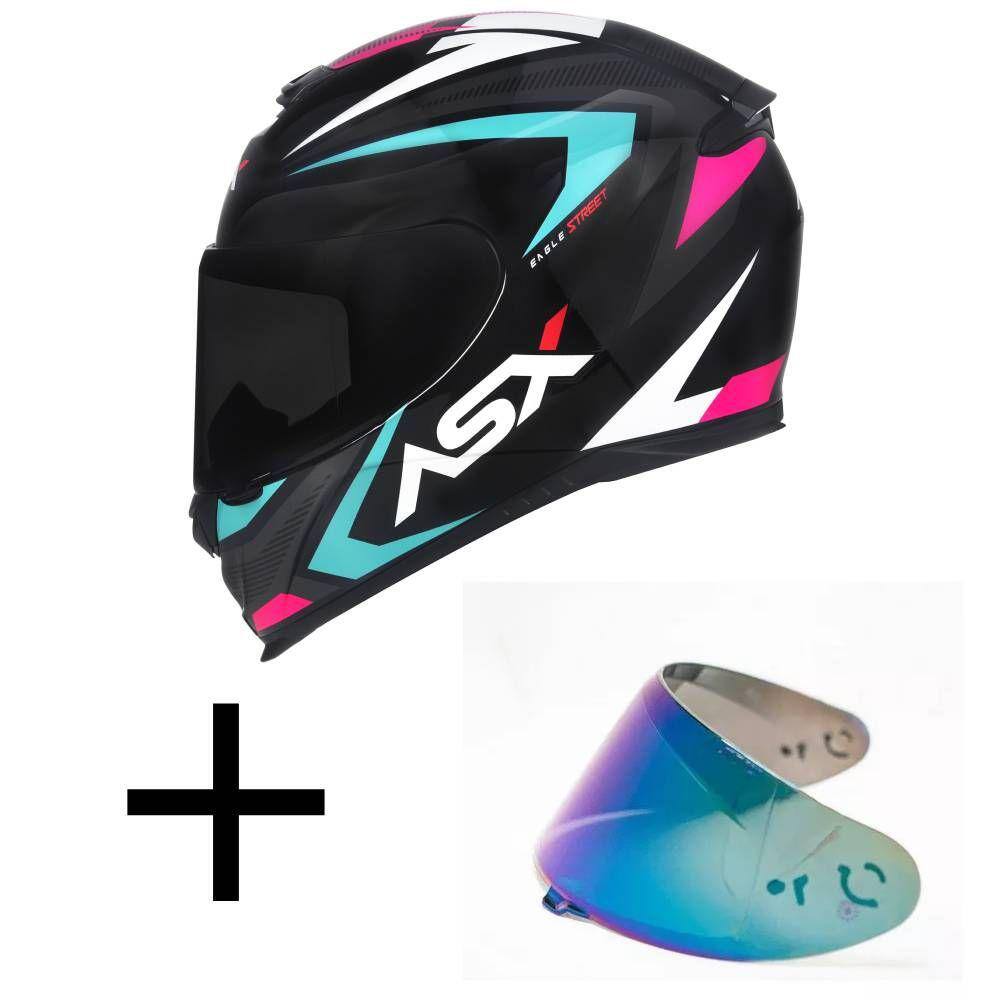 Capacete ASX Eagle Street Preto Tifany e Rosa Mais Viseira Camaleão