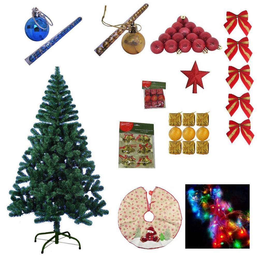 Árvore Natal Verde 1,50M 320 Galhos 75 Enfeites Pisca 220V