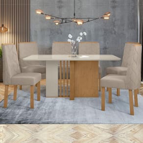 Mesa de Jantar 6 Lugares Astrid com Vidro Amêndoa Clean/Off White/Veludo Naturale Creme 77204 - Móveis Lopas