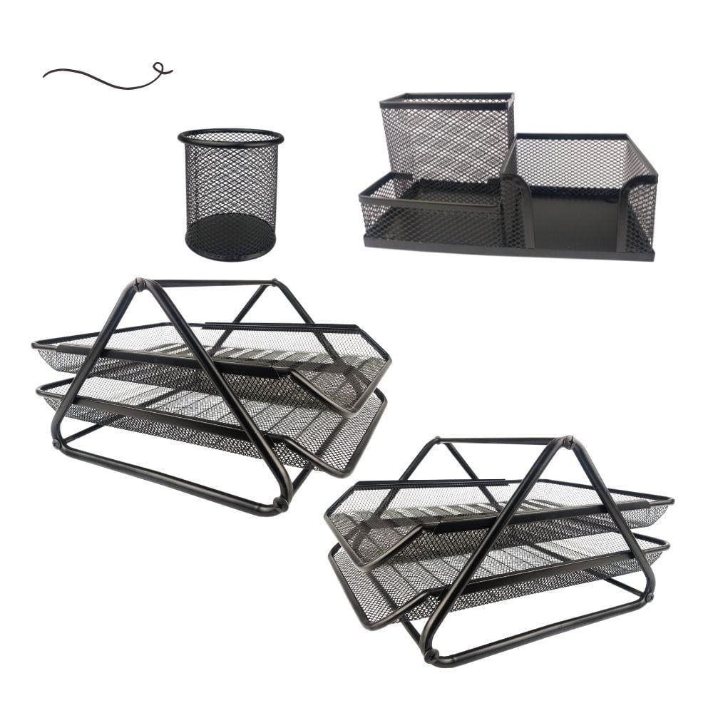 Kit Escritório Organizador de Mesa Bandeja Dupla Porta Caneta Lápis Preto