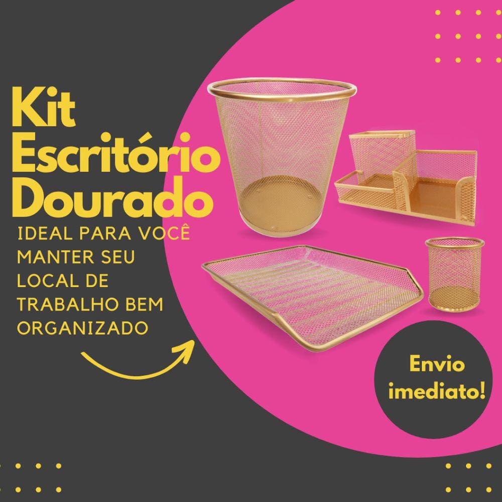 Kit Escritório Lixeira Organizador de Mesa Bandeja Organizadora Porta Caneta Dourado
