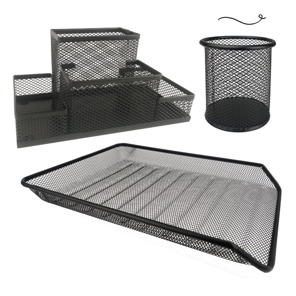 Kit Escritório Porta Caneta, Organizador de Mesa, Bandeja Organizadora Preto