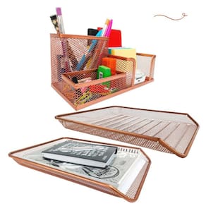 Kit Escritório Organizador Porta Caneta de Mesa e Bandejas Rose Gold