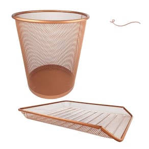 Kit Escritório Lixeira Aramada Bandeja Organizadora de Papel Rose Gold