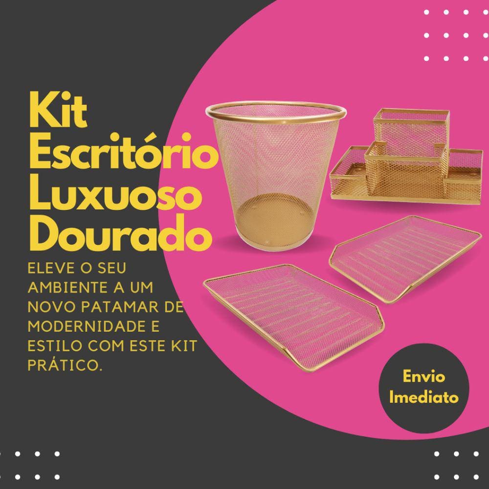 Kit Escritório Lixeira, Organizador de Mesa, Bandeja Organizadora Dourado