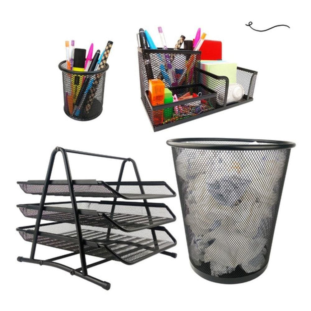 Kit Escritório Organizador Bandeja Lixeira Porta Lápis Lixo Preto