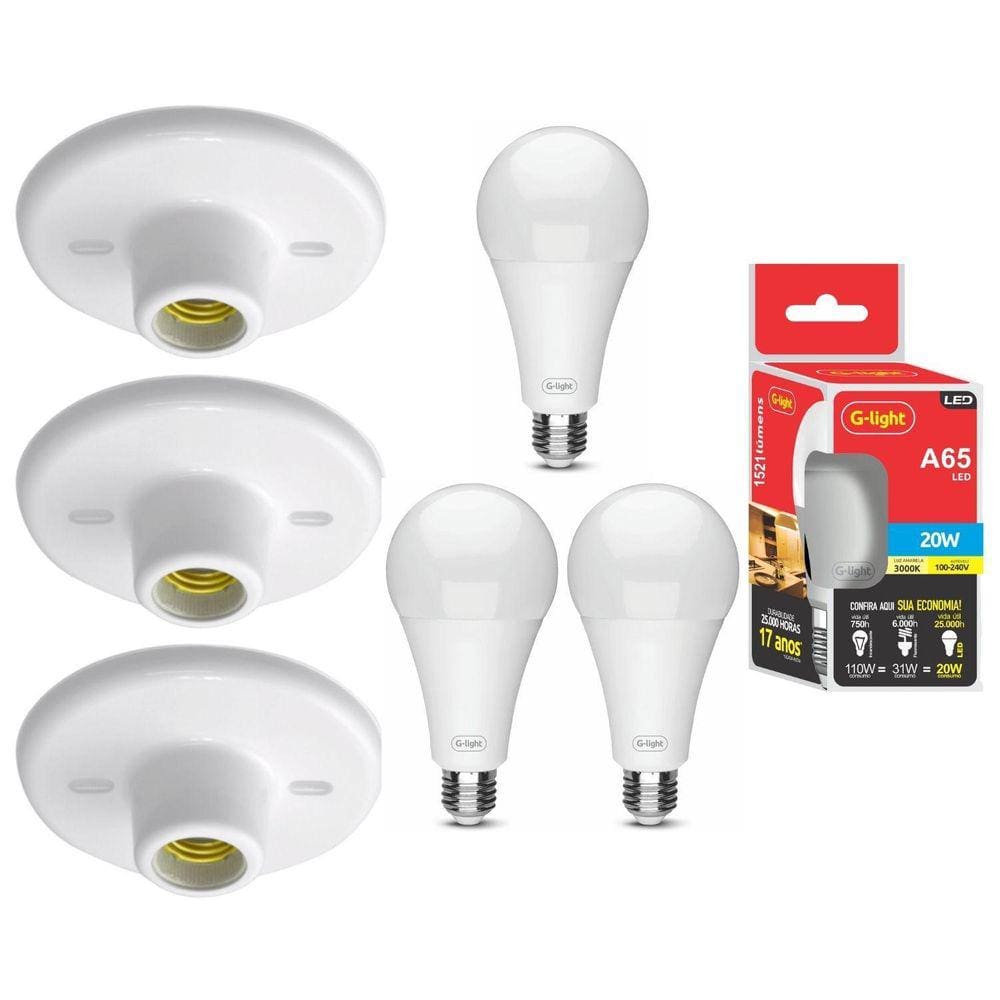 Kit 3 Plafonier Plafon Teto Soquete Porcelana E27 Branco