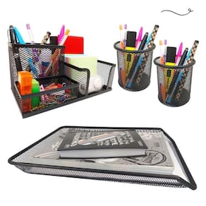 Kit Porta Caneta, Bandeja Organizadora e Organizador de Mesa Preto