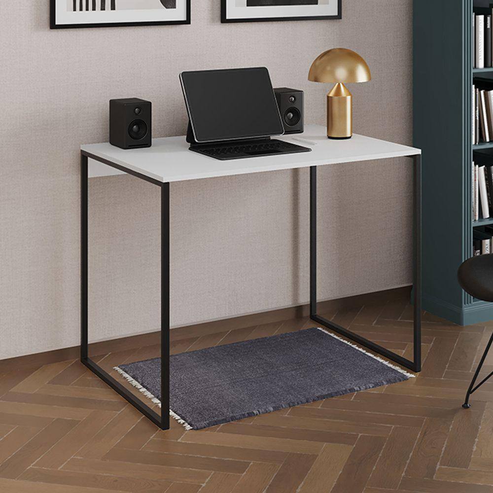 Escrivaninha Industrial Office Branca 90x53 Grécia Base Ferro Preto