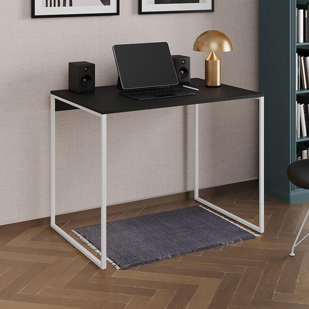 Escrivaninha Industrial Office Preta 120x53 Grécia Base Ferro Branco