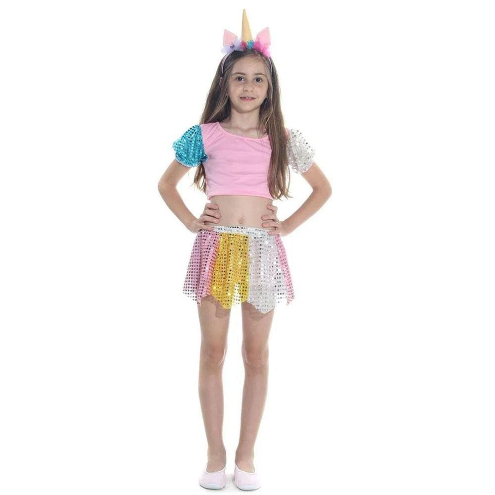 Fantasia Carnaval Unicórnio Menina Top Saia Infantil + Tiara